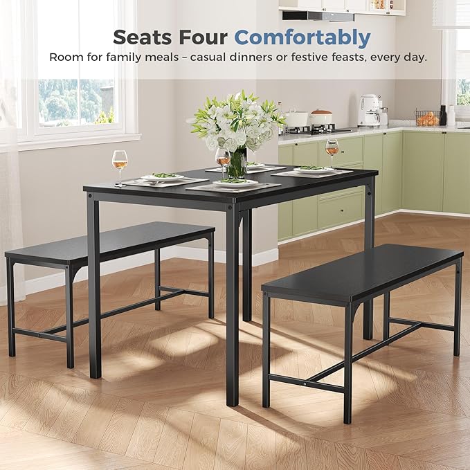 DUMOS Dining Table, Dining Table Set for 4 with Bench, Easy to Assemble Kitchen Table, Space-Saving Ideal 4-Person Set for Dining Room Kitchen Apartment Corner Black 3 Pack