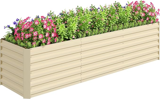 Outsunny 8 x 2 x 2ft Galvanized Raised Garden Bed Kit, Outdoor Metal Elevated Planter Box with Safety Edging, Large Raised Bed for Growing Flowers, Herbs and Vegetables, Cream White