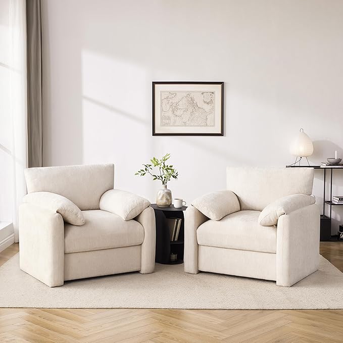 Chenille Oversized Armchair, 38.6" Wide Accent Chairs for Living Room & Bedroom Modern Lounge Chair, Upholstered Mid-Century Reading Chair, Comfy Living Room Chair, Single Sofa Chair, Beige