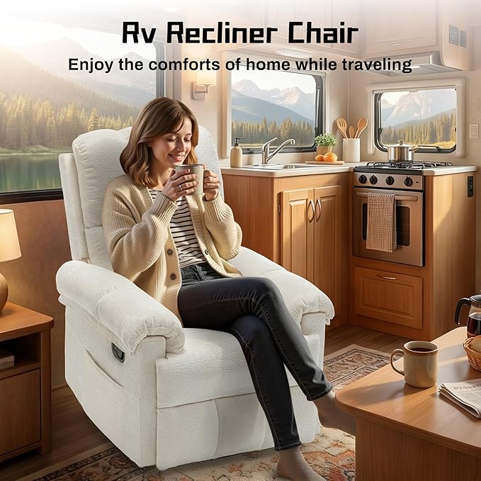 Recliner Chair, Swivel Rocker Recliner Chair for Adults, Small Recliners for Small Spaces, Upholstered Manual Recliner with Side Pockets, Nursery Rocking Chair for Living Room, Chenille, Beige