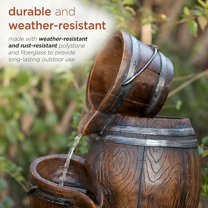 Alpine Corporation ZEN409S Outdoor Rustic 4-Tiered Barrels and Buckets Water Floor Fountain - Farmhouse Style, 24 Inch Tall, Brown