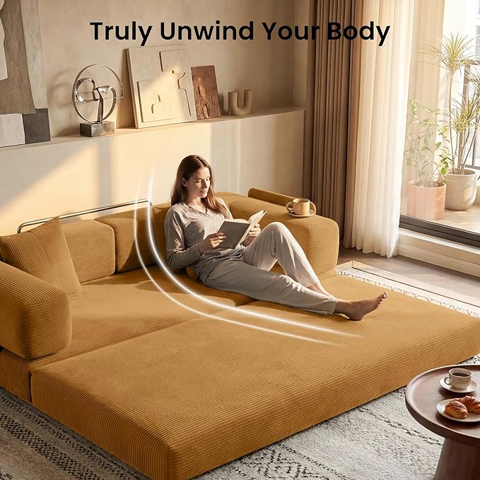 78.8" Convertible Futon Sofa Bed,Corduroy Futon Couch with Storage Pocket,Folding Pull Out Sofa,No Assembly Boneless Couch for Living Room,Yellow