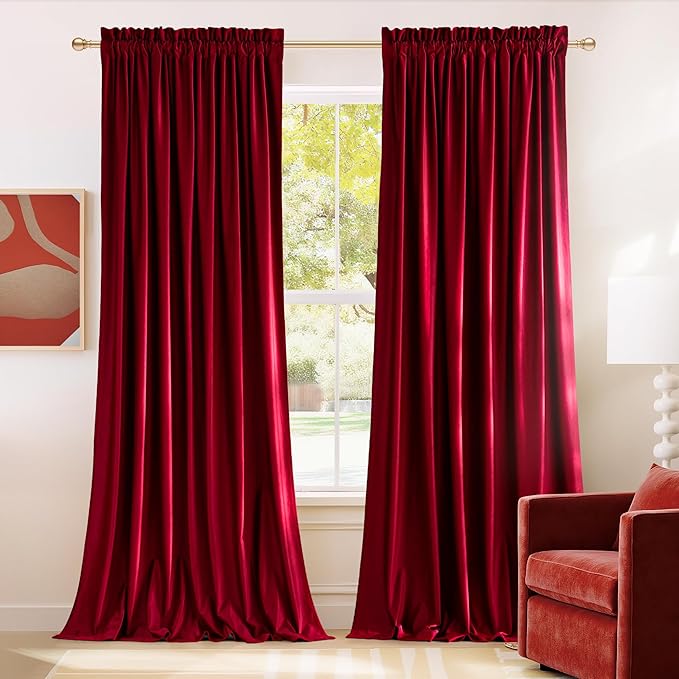 NICETOWN Red Velvet Textured Window Curtains/Draperies for Living Room, Home Decoration Panels with Rod Pocket Design for Hall, Villa (1 Pair, 84 inches Long)