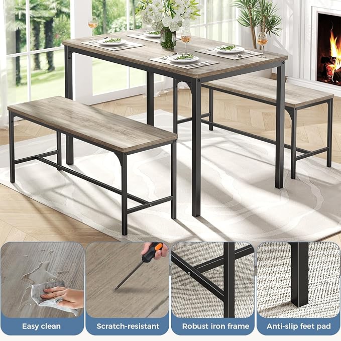 DUMOS Dining Table, Dining Table Set for 4 with Bench, Easy to Assemble Kitchen Table, Space-Saving Ideal 4-Person Set for Dining Room Kitchen Apartment Corner Grey 3 Pack