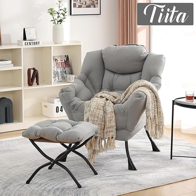 Tiita Lazy Chair with Ottoman, Light Grey Modern Large Accent Chair, Comfy Leisure Sofa Armchair with Ottoman, Reading Chair with Footrest for Bedroom, Living Room, Dorm Rooms, Light Grey