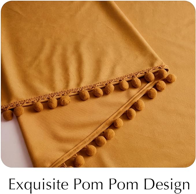 NICETOWN Mustard Gold Pom Pom Velvet Curtains 8 ft Long - Room Darkening Luxurious Drapes for Living Room & Bedroom, Extra Long Window Treatments, 52" W x 96" L, 2 Panels