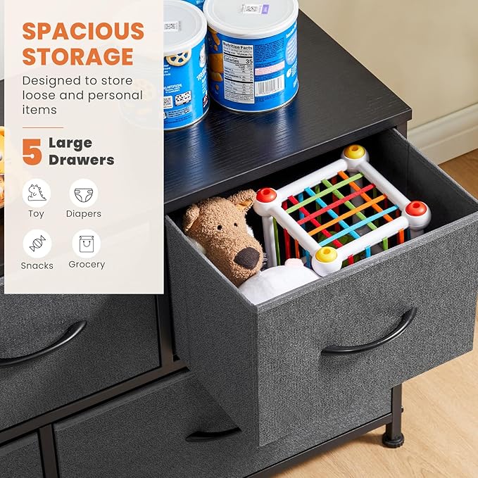 Dresser for Bedroom with 5 Drawers, Anti-Tip Wide Fabric Chests Storage Organizer Tower Furniture, TV Stand for TV up to 45 inch with Wooden Top Metal Frame for Clothes, Living Room, Hallway, Entryway