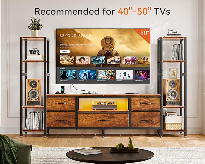 Casaottima TV Stands for 40/43/50 Inch TV, Entertainment Center with LED Lights & Power Outlets, TV Stand for Living Room with 5 Fabric Drawers, TV Console Cabinet, Rustic Brown