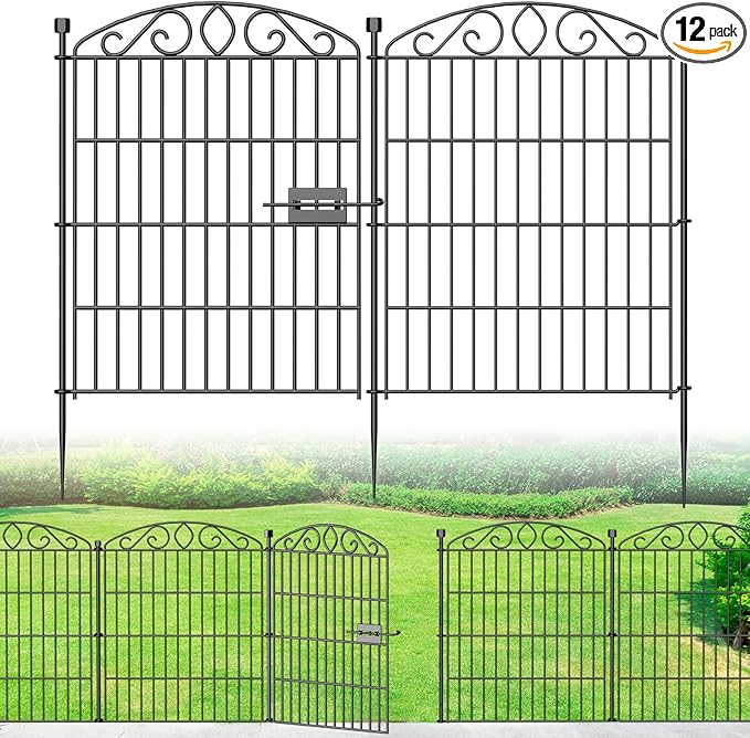 Garden Fence 12 Panel with Gate - 30in H x 23.6ft L, No Dig Rustproof Metal Tall Animal Barrier for Dogs Rabbits, Decorative Outdoor Border for Yard, Patio, and Flower Beds