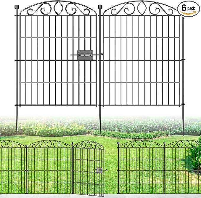 No Dig Decorative Garden Fence 6 Panel with Gate - 30in H x 11.8ft L, Tall Animal Barrier for Dogs Rabbits, Rustproof Metal Wire Panels for Yard, Patio, and Outdoor Border Use