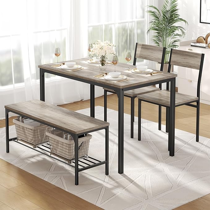 DUMOS Dining Table, Dining Table Set for 4 with Bench, Easy to Assemble Kitchen Table, Space-Saving Ideal 4-Person Set for Dining Room Kitchen Apartment Corner Grey 4 Pack