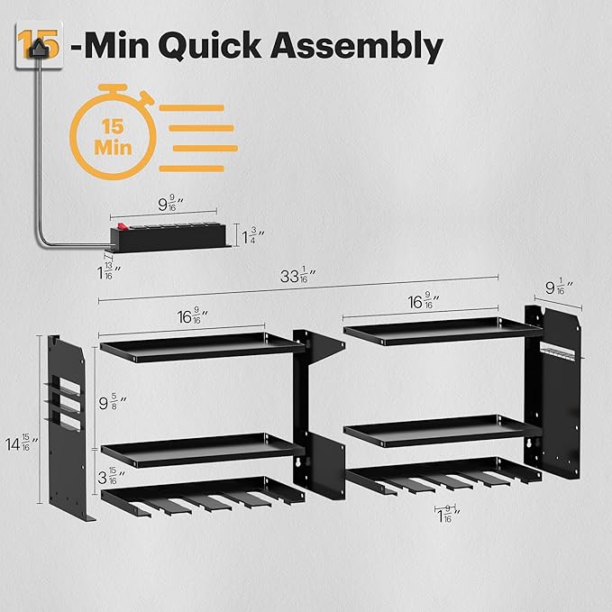 Power Tool Organizer Wall Mount with Charging Station, 15 Min Assembly & Maximum 420lb Load by Heavy Duty Metal, 8 Slots for Cordless Drill, Tool Battery Holder with 6 Outlet Power Strip