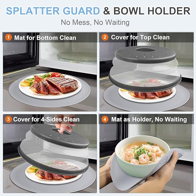 Microwave Food Cover with Mat 12 Inch, Mat as Bowl Holder, Cover for Splatter Guard, Collapsible Lid for Plate Dish, Multi-Purpose Silicone Mat & Kitchen Colander Gadget for Meal Prep,Charcoal