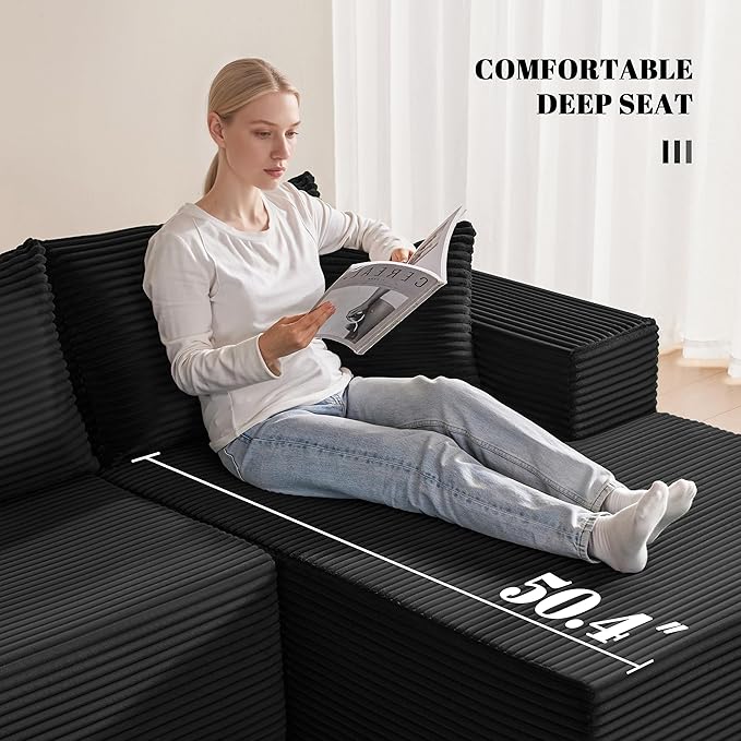 110” Cloud Sectional Couch, Boneless Sofa for Living Room, Modular Sectional Sofa with Deep Seat, Comfy Fluffy U-Shaped Couch with Right-Facing Chaise, No Assembly Required, Black