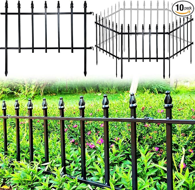 Metal Decorative Garden Fence 22" Wide x 18" High (10 Panels, Total Length 18.3 feet), Metal Border Folding Fence, Landscape Fencing for Flower Bed, Yard, Animal Barrier