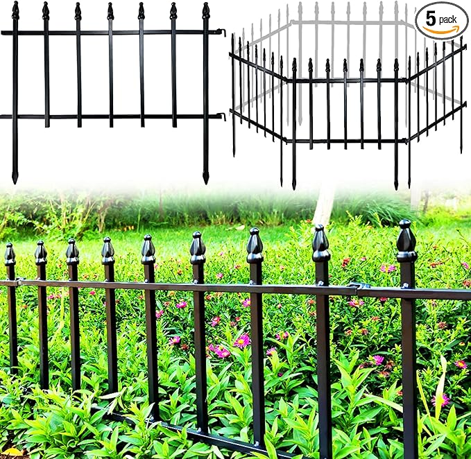 Metal Decorative Garden Fence 22" Wide x 18" High (5 Panels, Total Length 9.17 feet), Metal Border Folding Fence, Landscape Fencing for Flower Bed, Yard, Animal Barrier