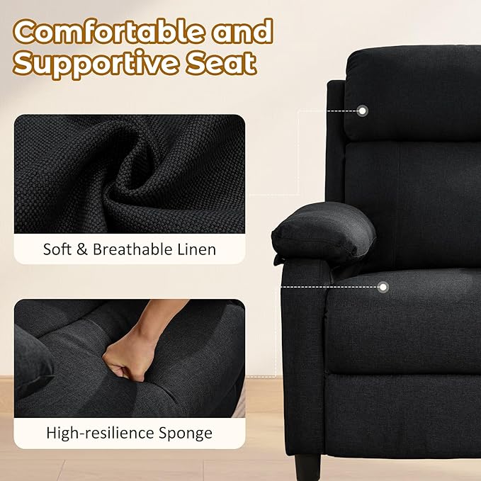 Recliner Chair, Reading Chair for Adults with Side Pockets, Recliners with Padded Deep Seat, Small Recliners for Small Spaces, Linen Fabric Comfy Chair for Bedroom, Living Room, and RV