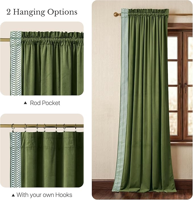 NICETOWN Rod Pocket Embroidered Trim Velvet Curtains, 2 Panels, Olive Green, 52" Wide, Thick Heavy Thermal Insulated Window Drapes 84 Inch Long for Bedroom/Living Room, Elegant Home Decor