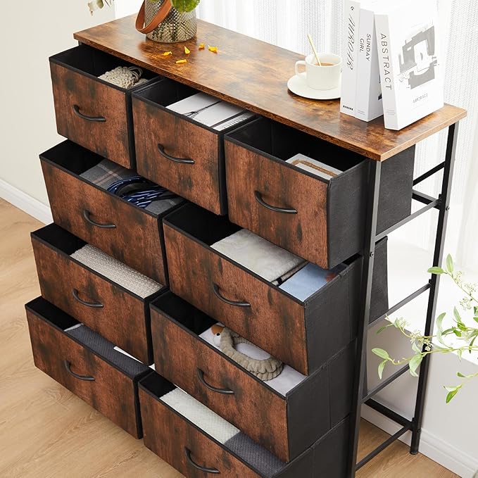 Dresser for Bedroom with 9 Drawers, Anti-Tip Tall Fabric Chests Storage Organizer Tower Furniture with Wooden Top Metal Frame for Clothes, Closet, Living Room, Hallway, Entryway