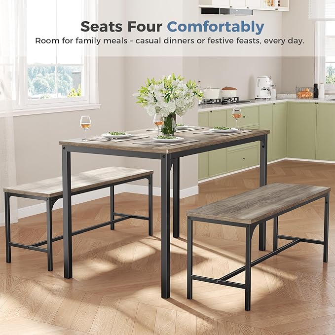 DUMOS Dining Table, Dining Table Set for 4 with Bench, Easy to Assemble Kitchen Table, Space-Saving Ideal 4-Person Set for Dining Room Kitchen Apartment Corner Grey 3 Pack