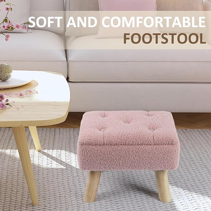 Storage Ottoman, Small Foot Stool Ottoman with Storage, Boucle Teddy Velvet Foot Rest with Padded Seat, Sturdy Wood Legs Stool for Living Room, Bedroom, Couch, Enterway (Pink)