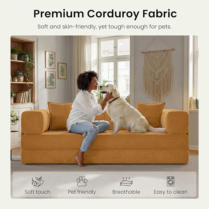 78.8" Convertible Futon Sofa Bed,Corduroy Futon Couch with Storage Pocket,Folding Pull Out Sofa,No Assembly Boneless Couch for Living Room,Yellow