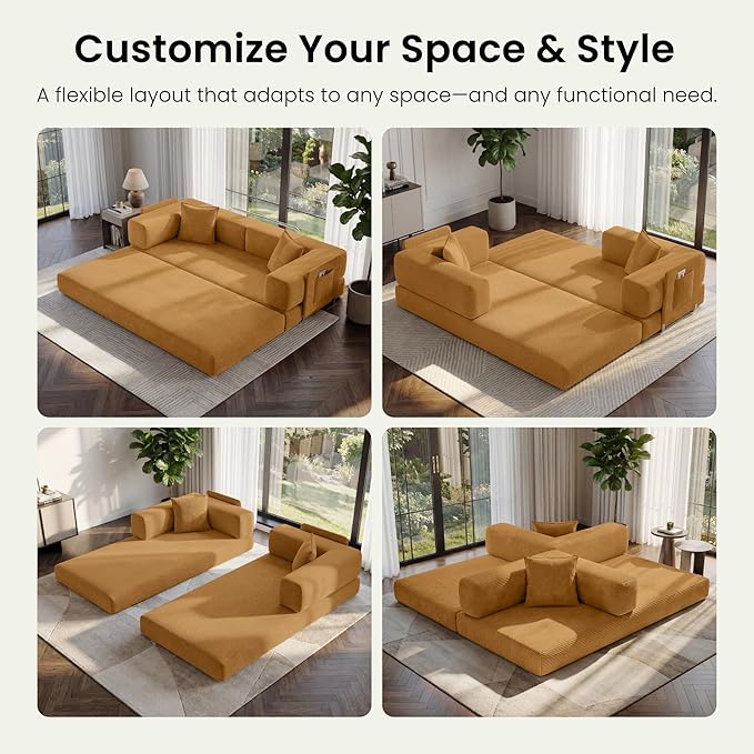 78.8" Convertible Futon Sofa Bed,Corduroy Futon Couch with Storage Pocket,Folding Pull Out Sofa,No Assembly Boneless Couch for Living Room,Yellow