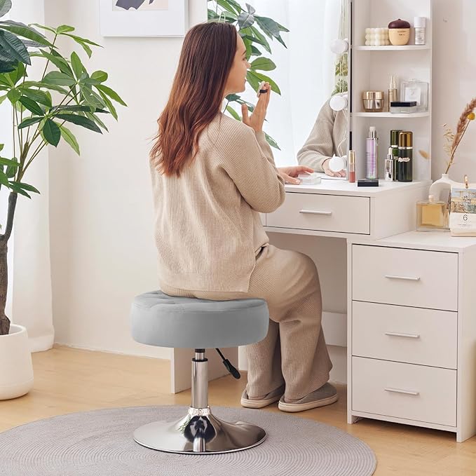 Furniliving Mid-Century Velvet Tufted Adjustable Swivel Makeup Ottoman Stool; Modern Big Size Round Vanity Stool Chair for Bedroom Living Room (LightGrey)