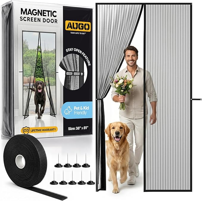 AUGO Magnetic Screen Door - Self Sealing, Heavy Duty, Hands Free Mesh Partition Keeps Bugs Out - Pet and Kid Friendly - Patent Pending Keep Open Feature - 38 Inch x 81 Inch