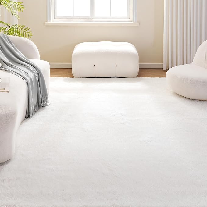 Amazon Basics Fluffy Washable Area Rug, Shaggy Carpet for Living Room, Bedroom, 6' W × 9' L, Cream