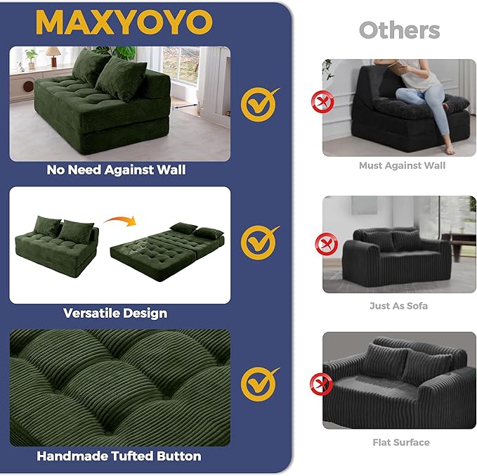 MAXYOYO Folding Sofa Couch, Convertible Floor Sleeper Couch with 2 Pillows, Tufted Floor Loveseat Couch Tufted Fold Out Chair Bed Comfy Sofa Lounge for Living Room Bedroom, Dark Green