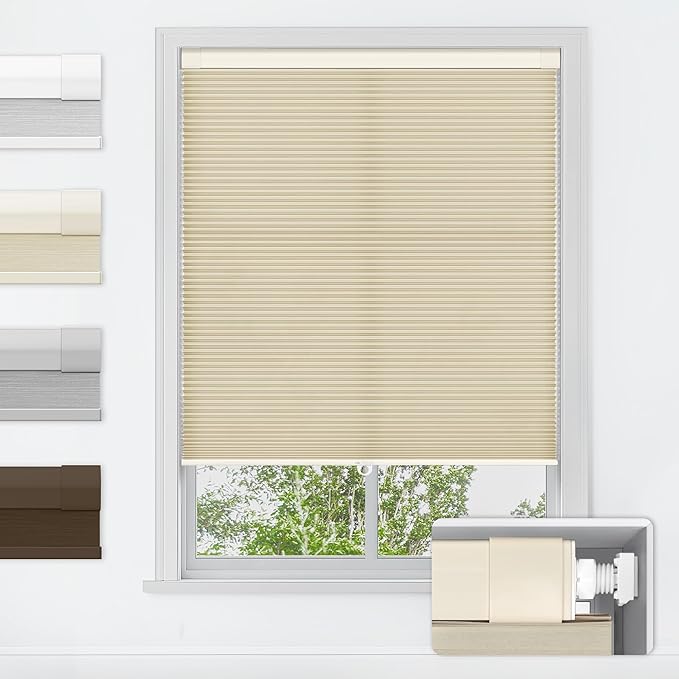 LazBlinds No Tools No Drill Cordless Cellular Shades, Light Filtering Honeycomb Shades for Home, Thermal Insulation Blinds for Windows, 26" W x 64" H, Beige