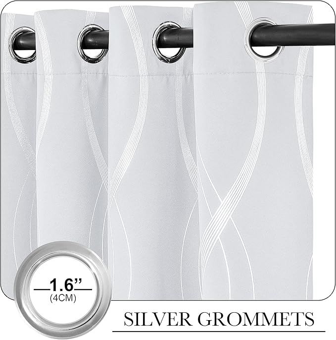NICETOWN Greyish White Blackout Curtains for Bedroom, Microfiber Noise Reducing Thermal Insulated Wave Line Foil Print Design Blackout Curtains for Office, Classroom (2 Panels, 52 x 45 Inch)