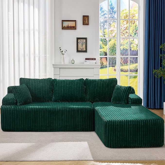 Modular Sectional Sofa Couches L-Shape Couch 3 Seat Modular Sofa Memory Foam Sectional Couches for Living Room, Cloud Couch with Oversized Chaise (Green Stripe, 108" Right Facing Chaise)
