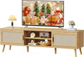 SUPERJARE Boho TV Stand for 75 Inch TV, Entertainment Center with Adjustable Shelf, Rattan TV Console with 2 Cabinets, Media Console, Solid Wood Feet, 4 Cord Holes, for Living Room - Natural