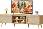 SUPERJARE Boho TV Stand for 75 Inch TV, Entertainment Center with Adjustable Shelf, Rattan TV Console with 2 Cabinets, Media Console, Solid Wood Feet, 4 Cord Holes, for Living Room - Natural