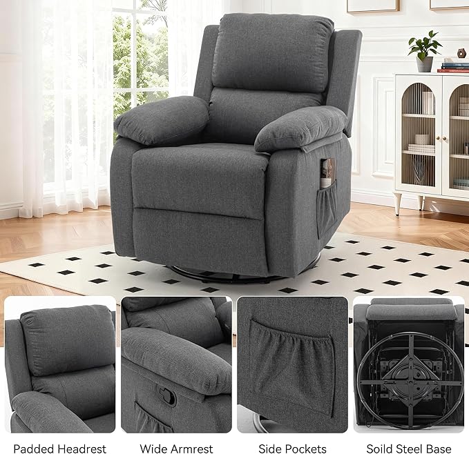 Recliner Chair, 360 Swivel Rocker Chair for Adults, Small Rocking Recliner for Small Spaces, Upholstered Fabric Glider Recliner Nursery (Swivel Rocker Recliner, Grey)