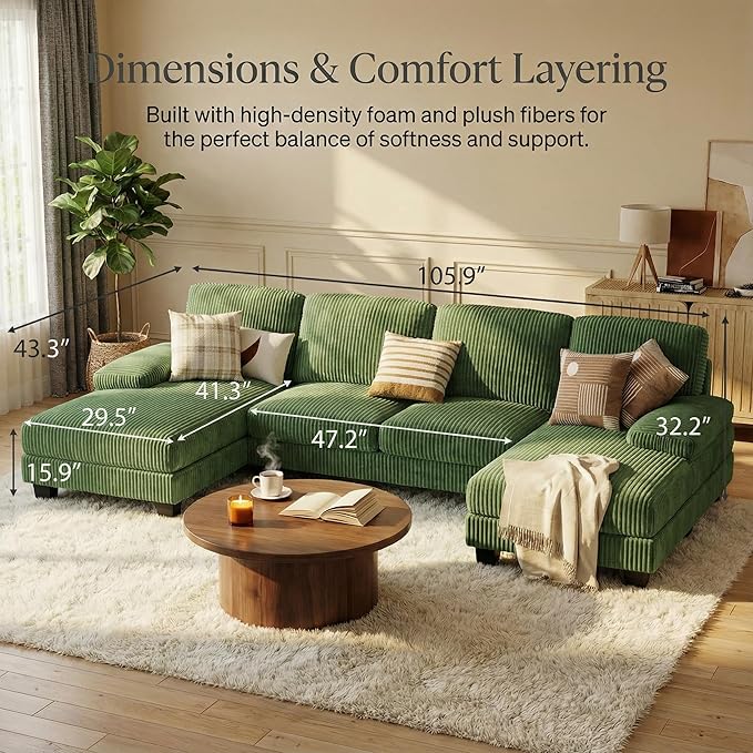 Homall Sectional U Shaped Sofa Couches for Living Room, Comfy Corduroy 4 Seat Sofa Set with Removable Pillows, Lounge Chaise Upholstered Couch for for Apartment (Corduroy, Dark Green)