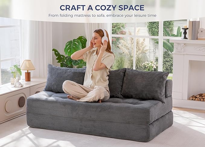MAXYOYO Folding Sofa Couch, Convertible Floor Sleeper Couch with 2 Pillows, Tufted Floor Oversized Loveseat Couch Tufted Fold Out Chair Bed Comfy Sofa Lounge for Living Room Bedroom, Dark Grey