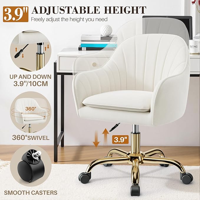 Vanity Chair with Wheels, Comfy Home Office Desk Chairs Adjustable Modern Velvet Makeup Vanity Chairs for Bedroom Living Room-Beige Pack of 2