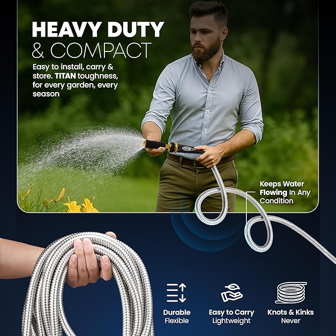 TITAN Garden Hose 65FT - 304 Stainless Steel Metal Water Hose, Flexible, Kink-Free, Lightweight, Durable, Crush Resistant Fittings, Easy to Coil, 500 PSI