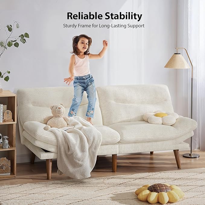 Pipishell Futon Sofa Bed, 75 Inch Corduroy Futon Couch Convertible with Adjustable Backrest and Armrests, Recliner Sleeper Sofa for Small Spaces, Living Room, Office, Guest Room (White, 75 Inch) | Adjustable