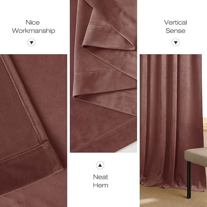 NICETOWN Wild Rose Velvet Curtains, Rod Pocket Velvet Drapes, Media Movie Theater Room Decor for Living Room, Super Soft Luxury Velvet Room Darkening Drapes for Home Decor (1 Pair, W52 x L84 inches)