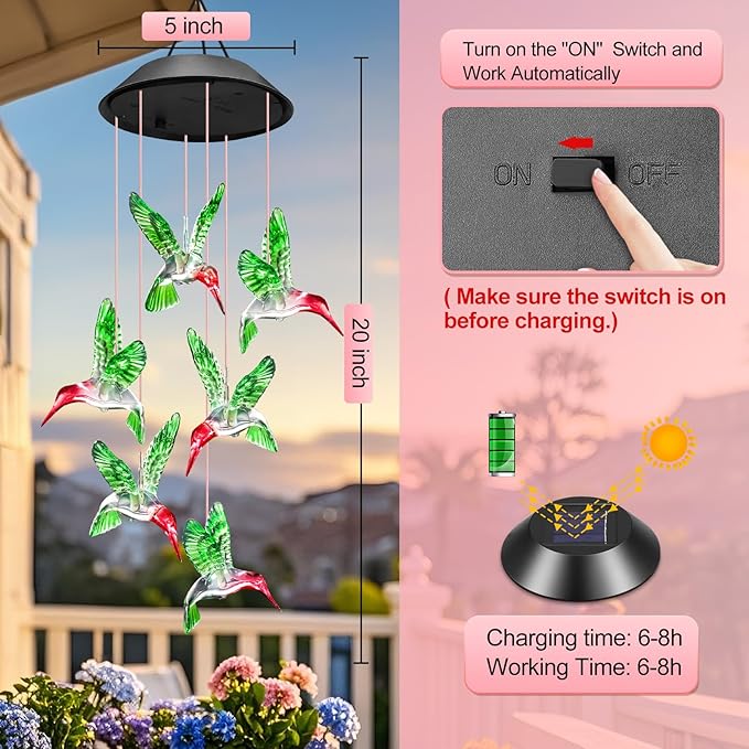 Easter Basket Stuffers Gifts for Her Mom Grandma, Mother Birthday Gardening Hummingbird Gifts for Women, Winzwon Wind Chimes Solar Lights Outdoor Decor for Garden Patio Yard Porch