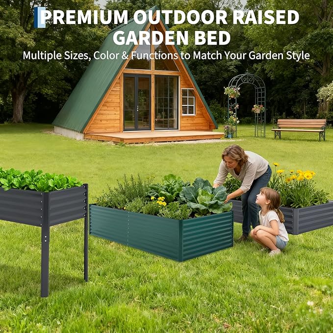 Garvee Galvanized Raised Garden Bed Large Rectangular Kit with Cover Zippered Screen Doors, Open Base Design, Thick Steel, Easy Assembly, Planter Box for Vegetables, Flowers (Dark Green, 8x4x2 ft)