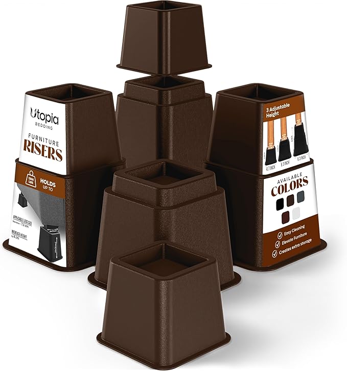 Utopia Bedding Bed Riser, 3 & 5 Inches Adjustable Furniture Risers for 8 Inch Combined Furniture Lift, Under Bed Storage & Dorm Room Essential, Supports Up to 1,300 lbs (4 Set, Brown)