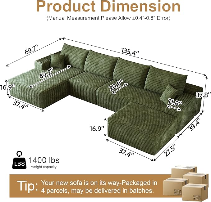 136" Sectional Couches for Living Room Cloud Couch Sofa with L-Shape Upholstered Boneless Couchs Modern Modular Sectional Couch with Chaise (Green, 136" Left Facing Chaise+3Seaters+Ottoman)