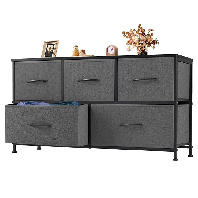 Dresser for Bedroom with 5 Drawers, Anti-Tip Wide Fabric Chests Storage Organizer Tower Furniture, TV Stand for TV up to 45 inch with Wooden Top Metal Frame for Clothes, Living Room, Hallway, Entryway