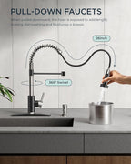 FORIOUS Kitchen Faucet with Pull Down Sprayer, Stainless Steel Commercial Single Handle Classic Spring Pull Out Sink Faucet for Pot Filler, Farmhouse Camper Bar Laundry Room, Black Brushed