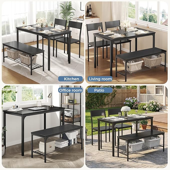 DUMOS Dining Table, Dining Table Set for 4 with Bench, Easy to Assemble Kitchen Table, Space-Saving Ideal 4-Person Set for Dining Room Kitchen Apartment Corner Black 4 Pack